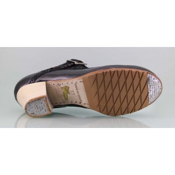 Zapato baile flamenco profesional piel negro y fantasía con hebilla ancha