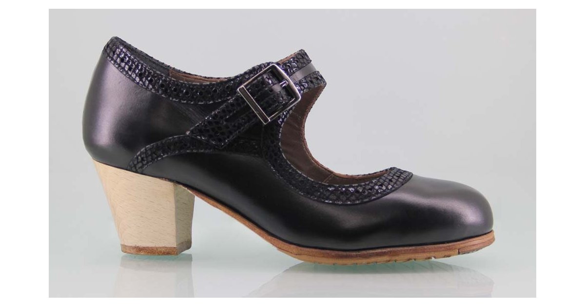 Zapato baile flamenco profesional piel negro y fantasía con hebilla ancha Zapato baile flamenco profesional piel negro y fantasía con hebilla ancha