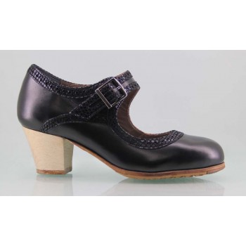 Zapato baile flamenco profesional piel negro y fantasía con hebilla ancha