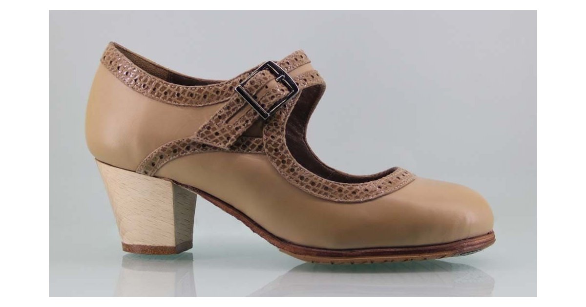 Flamenco dance shoe professional beige and fantasy leather with wide buckle Flamenco dance shoe professional beige and fantasy leather with wide buckle