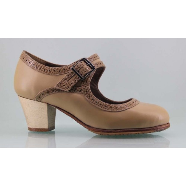 Flamenco dance shoe professional beige and fantasy leather with wide buckle Flamenco dance shoe professional beige and fantasy leather with wide buckle