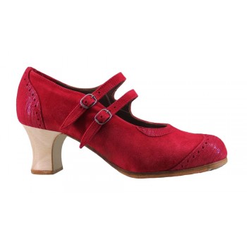 Zapato baile flamenco profesional ante y fantasía rojo con dos hebillas