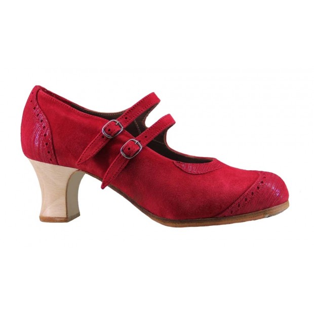 Zapato baile flamenco profesional ante y fantasía rojo con dos hebillas Zapato baile flamenco profesional ante y fantasía rojo con dos hebillas