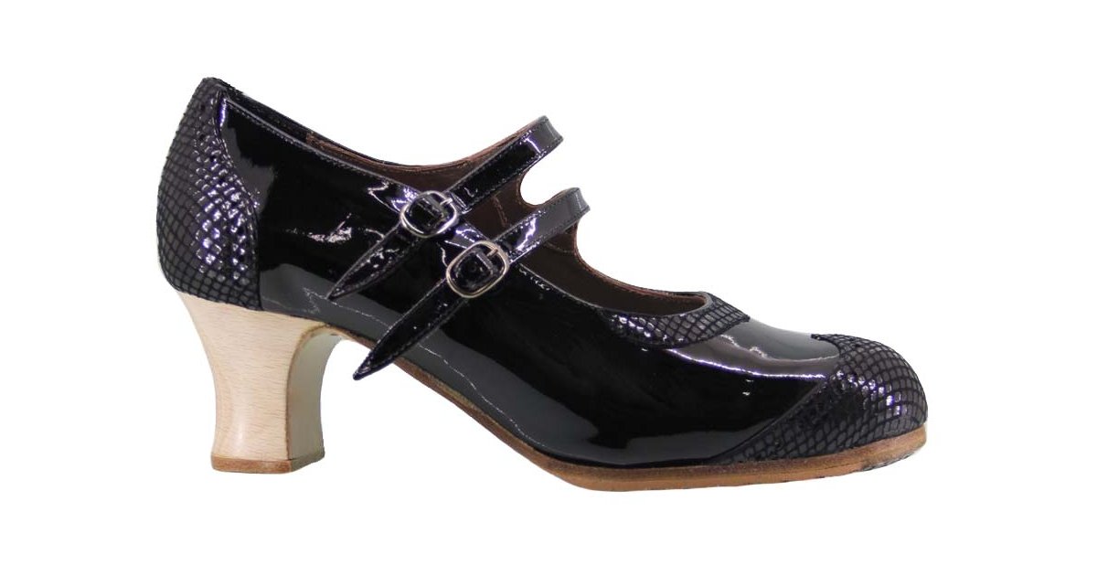 Zapato baile flamenco profesional charol y fantasía negro con dos hebillas Zapato baile flamenco profesional charol y fantasía negro con dos hebillas