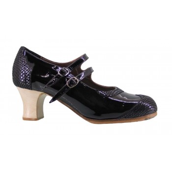 Professional flamenco dance shoe patent leather and black fantasy with two buckles