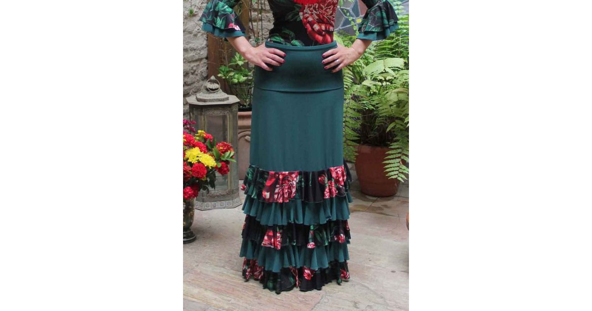 Falda Flamenco Ibi Verde con Volantes de Flores Falda Flamenco Ibi Verde con Volantes de Flores