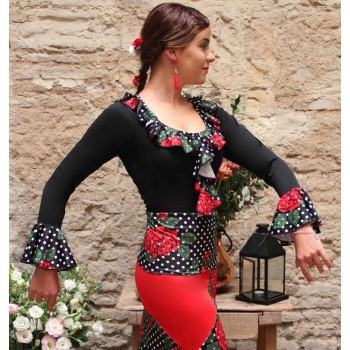 Black Flamenco Top with Printed Chorrera