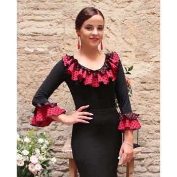 Black Flamenco Top with Polka Dot Ruffles