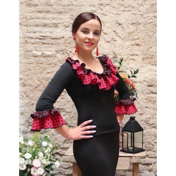 Top noir flamenco à volants à pois