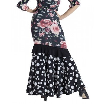 Black Flamenco Skirt Combined Flowers and Polka Dots
