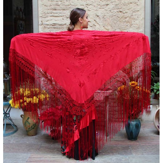 Red Shawl Hand Embroidered Flowers and Red Fringes 135 cm.