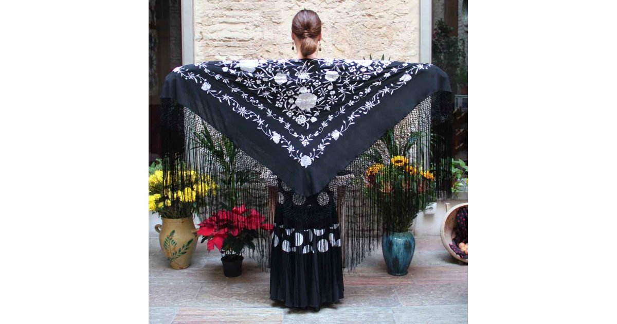 Black Shawl Hand Embroidered White Flowers 135 cm.
