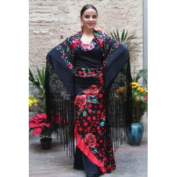 Black Shawl Hand Embroidered Flowers Multicolor 135 cm.