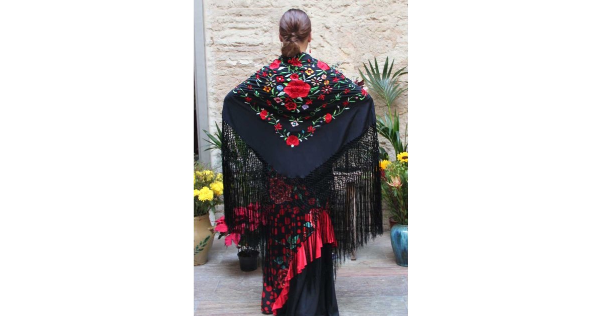 Black Shawl Hand Embroidered Flowers Multicolor 135 cm. Black Shawl Hand Embroidered Flowers Multicolor 135 cm.