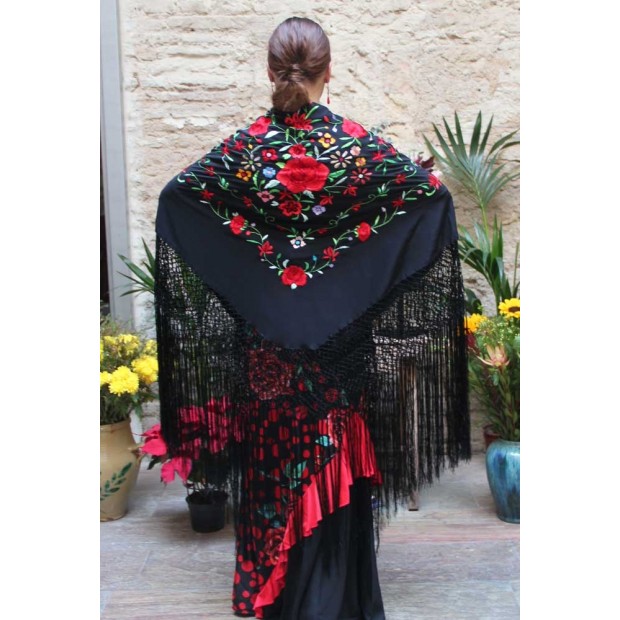 Black Shawl Hand Embroidered Flowers Multicolor 135 cm. Black Shawl Hand Embroidered Flowers Multicolor 135 cm.