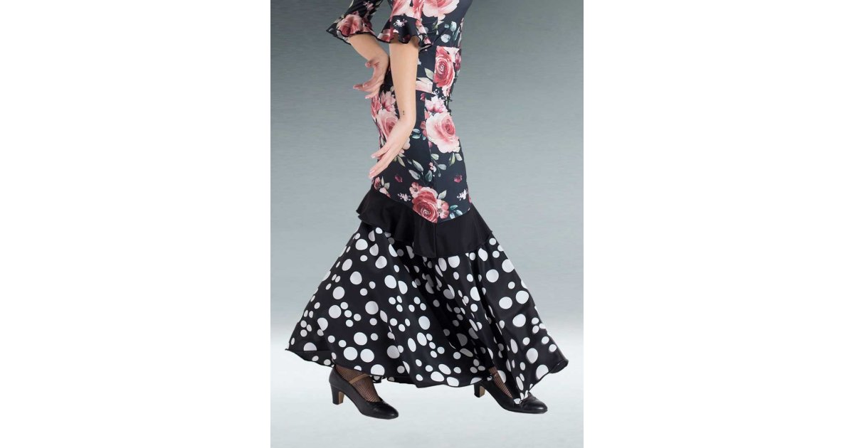 Jupe Flamenco Noire Fleurs Et Pois Mélangées Jupe Flamenco Noire Fleurs Et Pois Mélangées