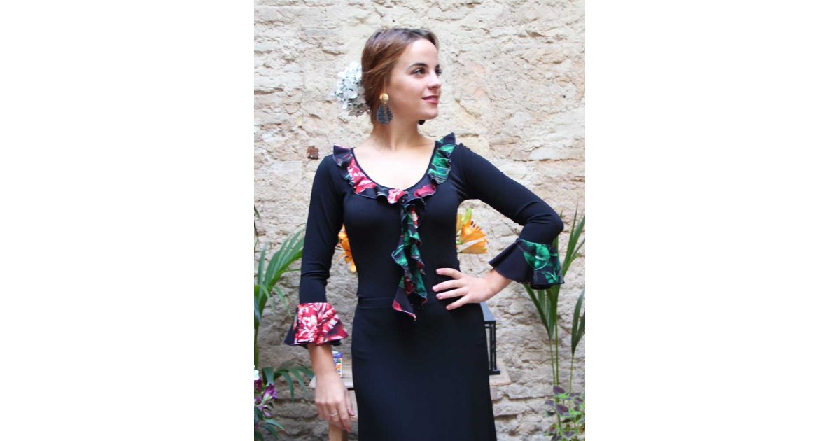 Black Flamenco Top Flower Ruffles Black Flamenco Top Flower Ruffles