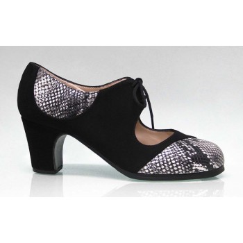 Professional Flamenco Dance Shoe Combined Black Suede and Snake Fantasy Leather