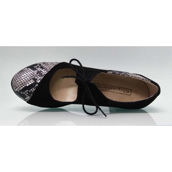 Chaussure de danse flamenco professionnelle combinée en daim noir et cuir fantaisie serpent