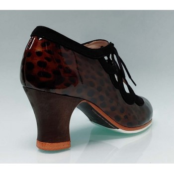 Chaussure de danse flamenco professionnelle combinée en cuir verni marron et daim marron et noir