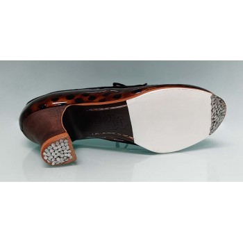 Chaussure de danse flamenco professionnelle combinée en cuir verni marron et daim marron et noir