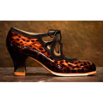 Chaussure de danse flamenco professionnelle combinée en cuir verni marron et daim marron et noir