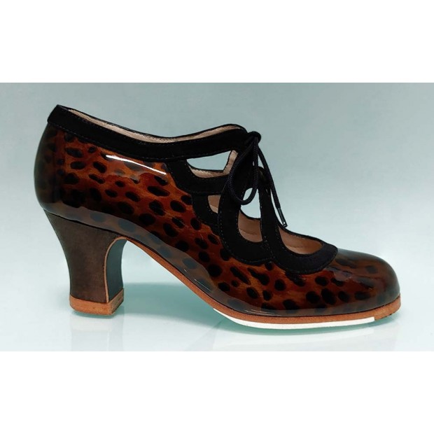Professional Flamenco Dance Shoe Combined Brown Patent Leather Brown and Black Suede