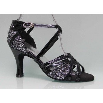 Shoe for Ballroom Dance Combined Black Patent Leather and Glitter